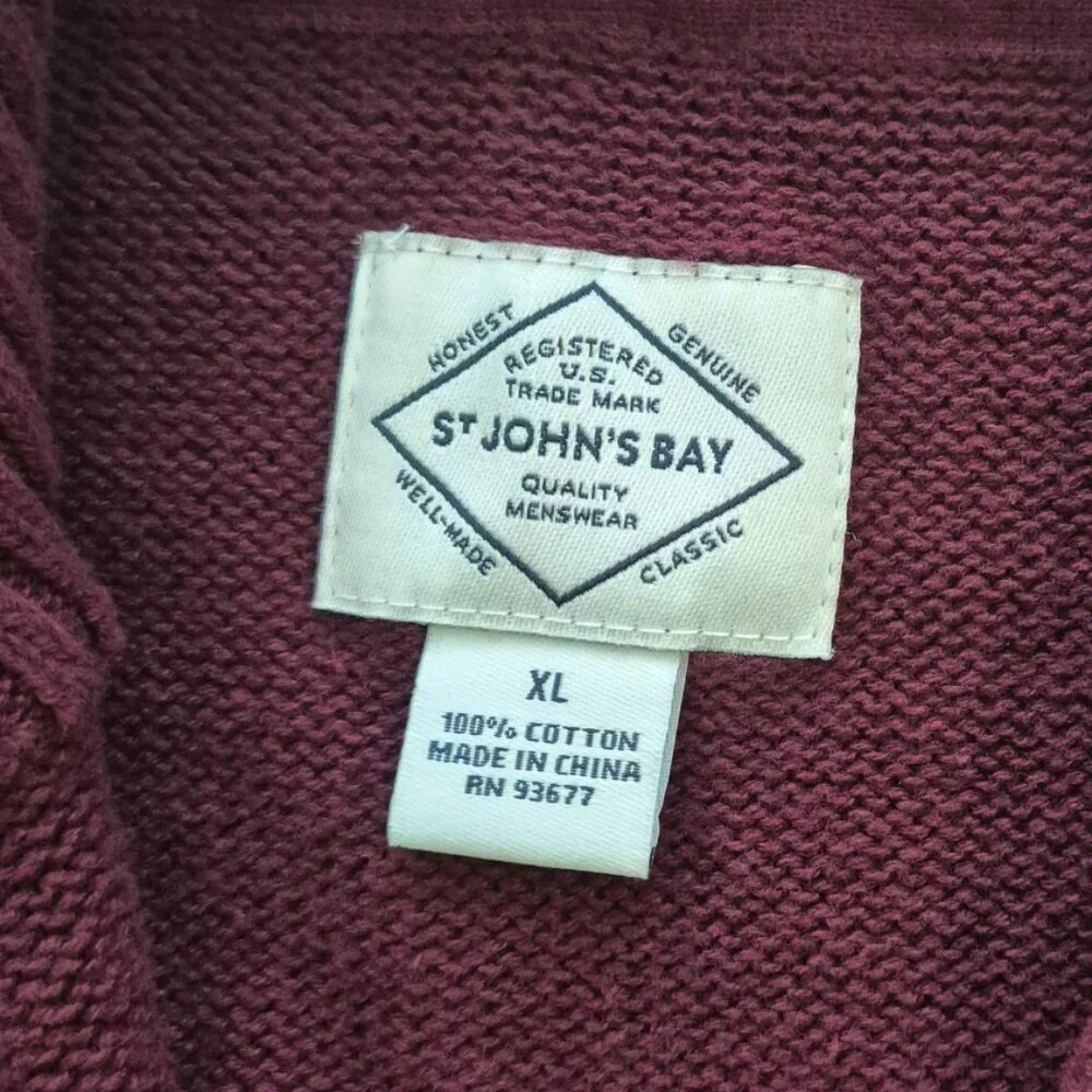 St. John's Bay Quarter Zip 100% Cotton Heavy Knit Sweater Maroon Red Size XL